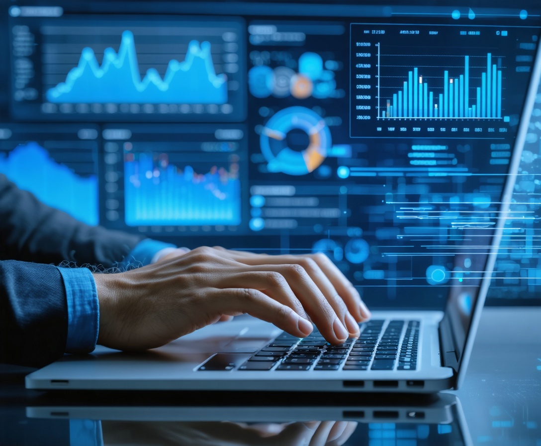 Ruka analytika na notebooku s grafmi