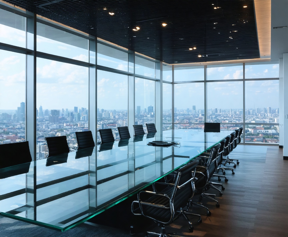 Prázdna zasadacia miestnosť s výhľadom na mesto