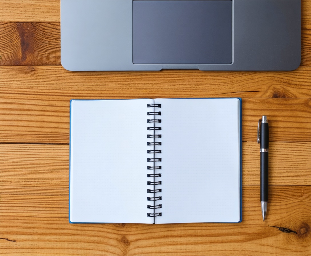 Strategické plánovanie, zápisník a notebook na čistom drevenom stole